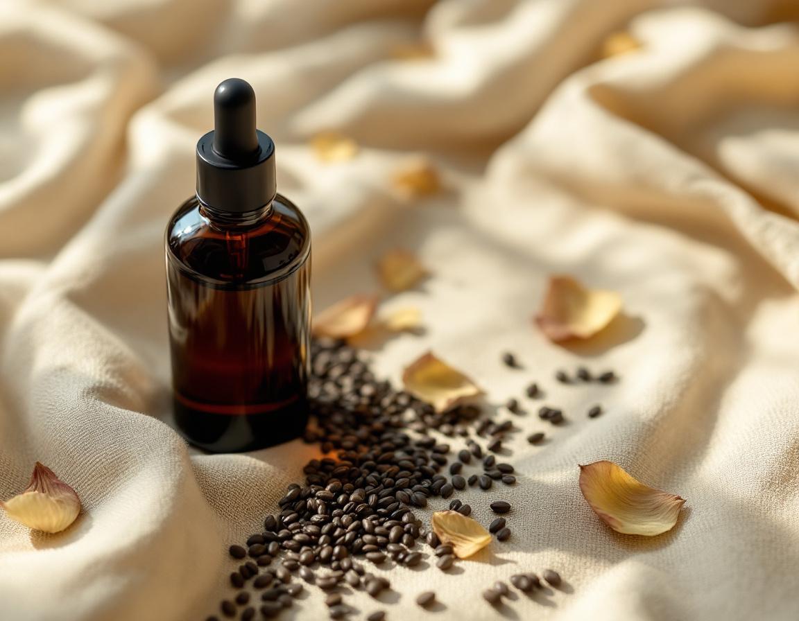 Flacon d’huile de nigelle posé sur un linge beige, graines et pétales autour, ambiance chaleureuse soulignant la pureté et les vertus beauté et bien-être de la nigelle.