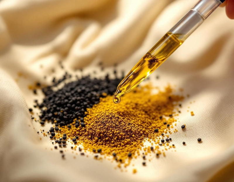 Flacon raffiné de meilleure huile à barbe enrichie en graines de nigelle noires, posé sur un tissu beige sous une douce lumière, évoquant un rituel beauté et bien-être masculin.