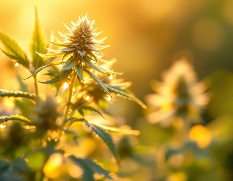 Fleurs de chanvre baignées d’une lumière chaude au petit matin, gouttes ambrées illustrant huile de chanvre bienfaits dans une ambiance botanique délicate et apaisante.
