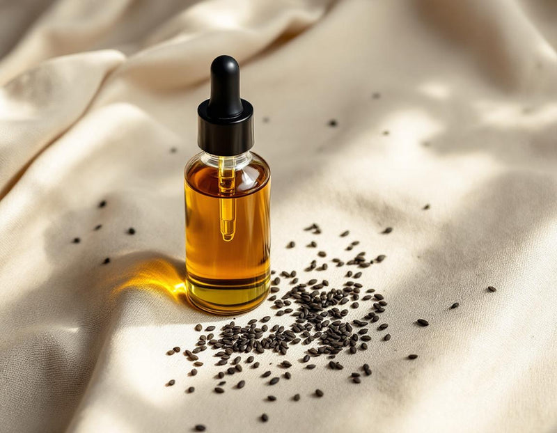 Flacon pipette d’huile bio de nigelle dorée sur un tissu beige, graines noires dispersées, mettant en valeur son pouvoir hydratant et naturel pour la peau