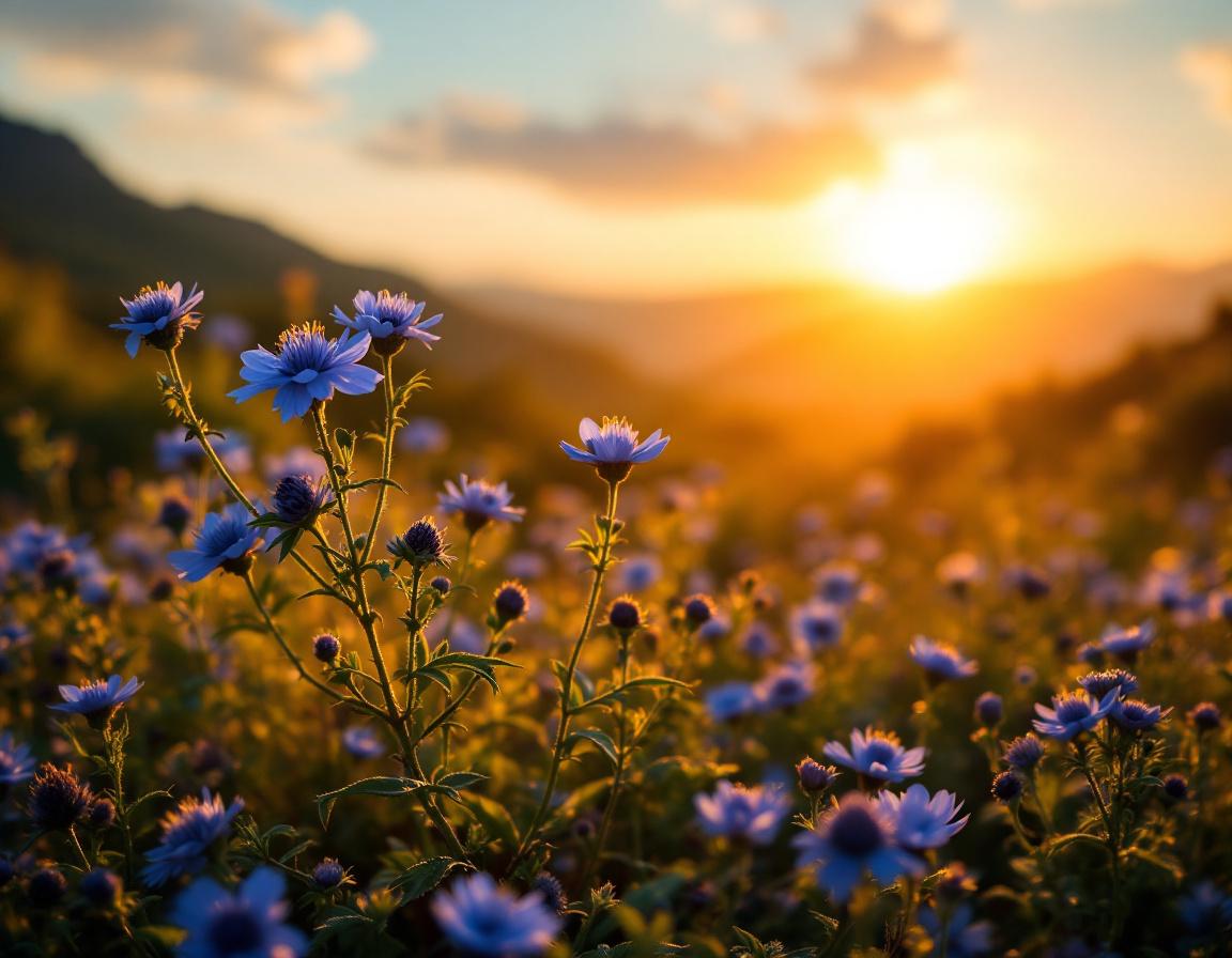 Scène botanique de nigelle éthiopienne, fleurs bleues et graines noires baignées de lumière dorée sur les hauts plateaux, célébrées dans un top 10 marque de complément alimentaire organique. Image