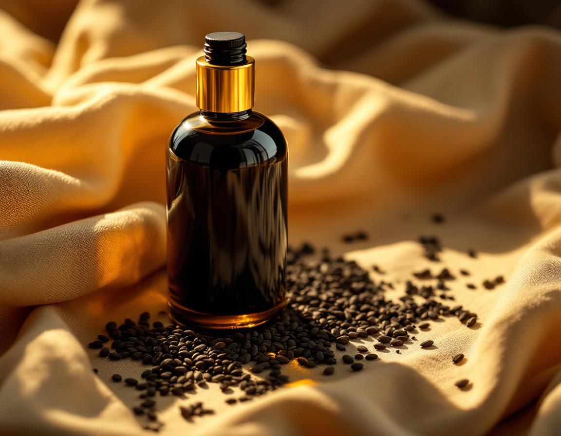 Flacon d’huile de nigelle alimentaire bienfaits entouré de graines noires, baigné de lumière dorée pour illustrer détente et vitalité naturelle Image