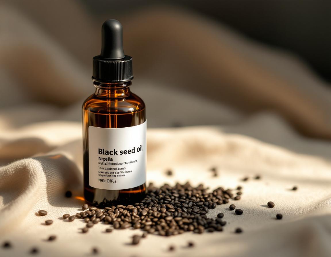 Flacon d’huile de graines de nigelle déposé sur un lin naturel, accompagné de graines et capsules évoquant ses bienfaits antioxydants et apaisants pour une routine beauté et bien-être au naturel. Image