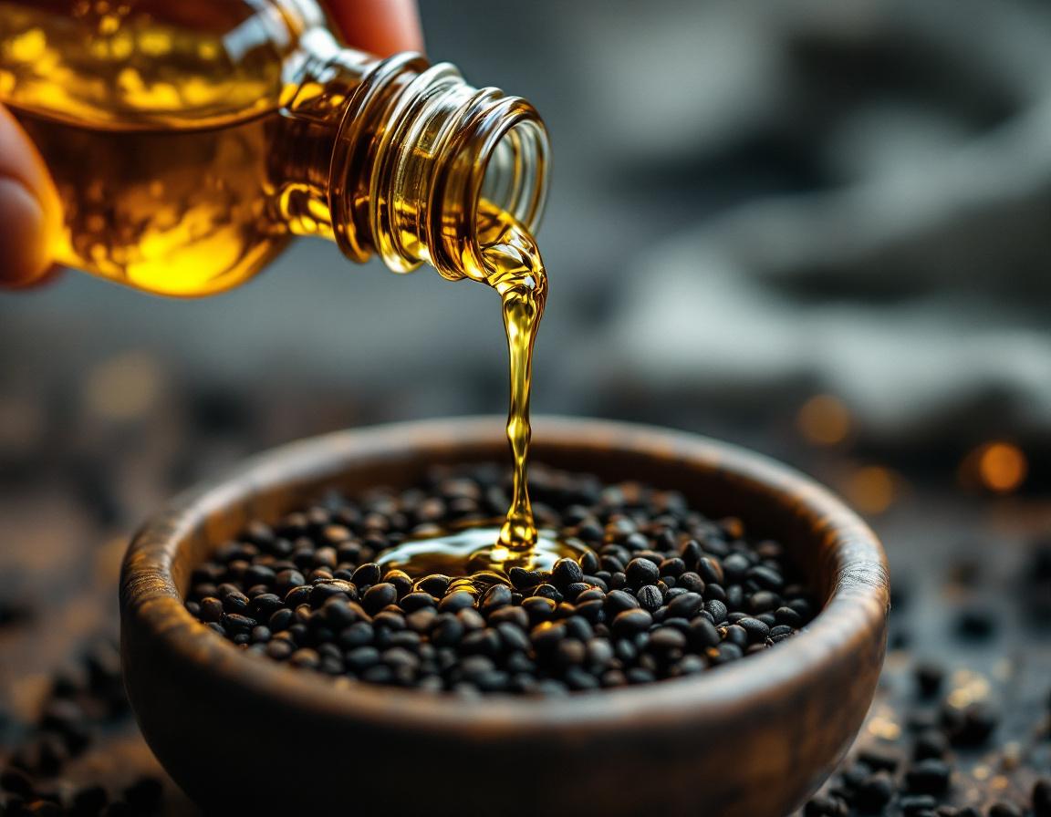 bouteille ambre fissurée déversant une huile dorée de graine de nigelle dangereux sur graines noires, suggérant un soin beauté audacieux et mystérieux