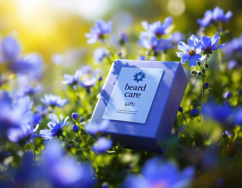 Un coffret soin barbe artisanal posé parmi des fleurs et graines de nigelle, baigné d’une lumière dorée naturelle, créant une ambiance végétale raffinée et chaleureuse.