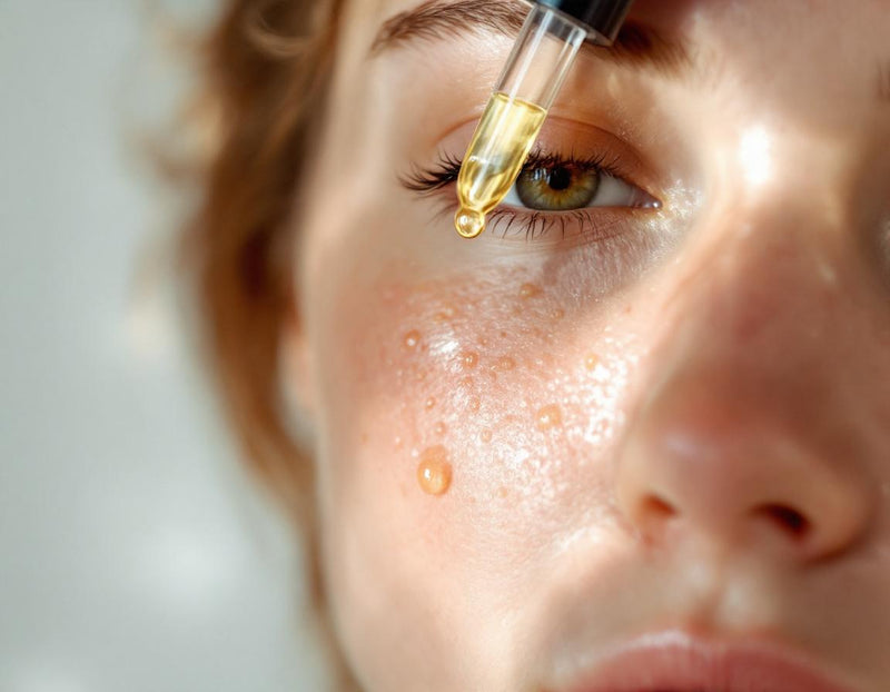 Vue scindée illustrant huile de nigelle acné avant après sur peau, goutte à goutte d'huile dorée et graines noires de nigelle sur fond beige, lumière douce, atmosphère beauté et bien-être