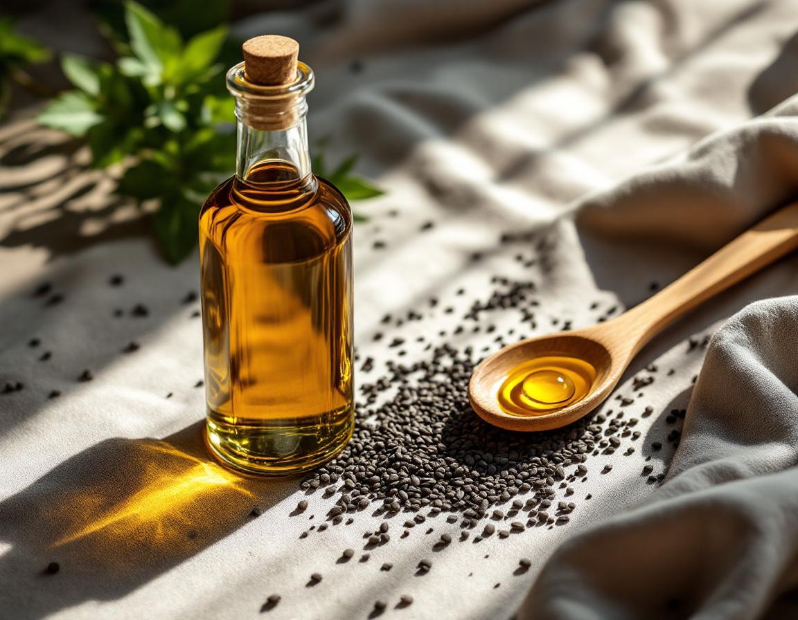 Flacon d’huile de nigelle bio alimentaire posé sur du lin beige, graines noires éparpillées, cuillère en bois recueillant l’huile dorée, ambiance chaleureuse pour beauté et bien-être. Image