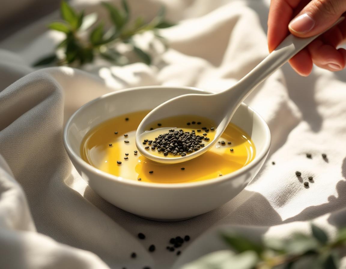 Cuillère céramique élégante versant des graines de nigelle dans une huile dorée sur lin, illustrant comment utiliser la graine de nigelle pour un rituel beauté naturel. Image