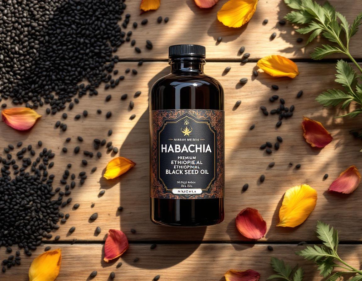 Flacon premium d'Huile de Nigelle Habachia Éthiopie posé sur un support bois, entouré de graines et pétales, baignant dans une lumière naturelle douce pour un soin beauté authentique. Image