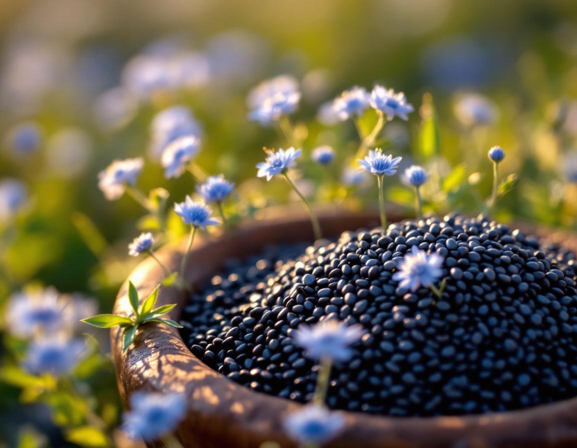 Sur les hauts plateaux d'Éthiopie, la nigelle se déploie en fleurs étoilées bleues et blanches, graines noires luisantes récoltées en bols rustiques, symbole de complément alimentaire naturel. Image