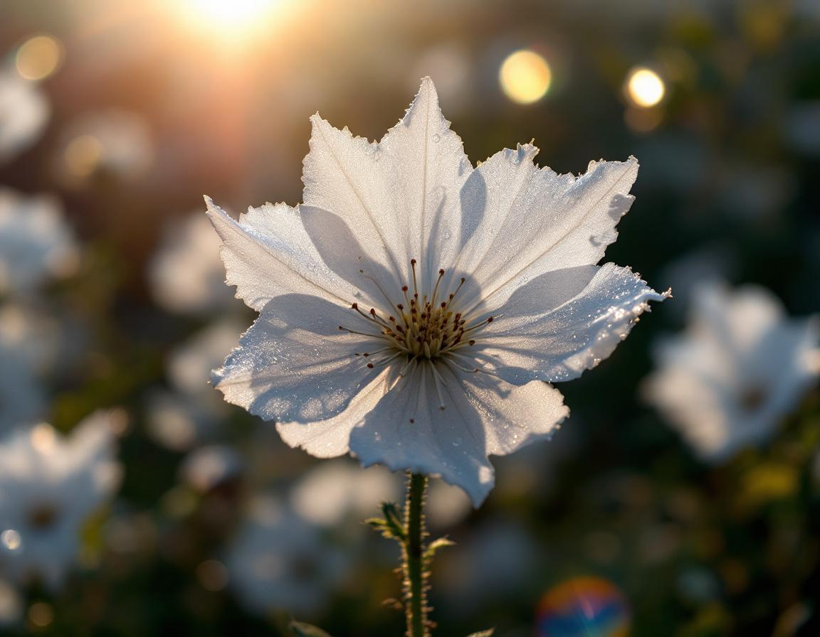 Des fleurs de nigelle baignées de lumière matinale éthiopienne, gouttes de rosée scintillant sur les pétales, symbole de vitalité pour renforcer le système immunitaire au cœur d’un paysage botanique Image