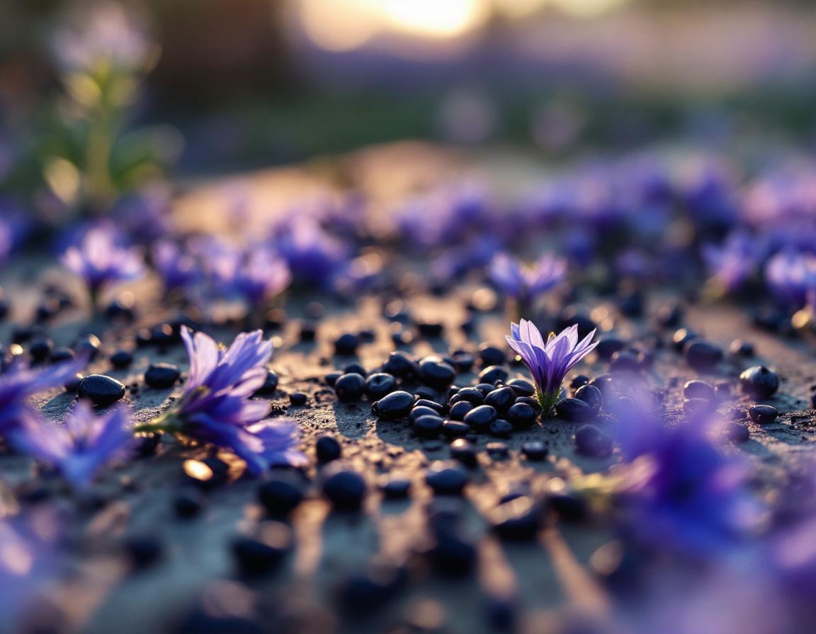 Une gourde est posée près d'un champ de nigelle éthiopienne, fleurs étoilées et graines noires scintillantes au lever du jour. Découvrez la meilleure gourde isotherme dans cet écrin naturel. Image