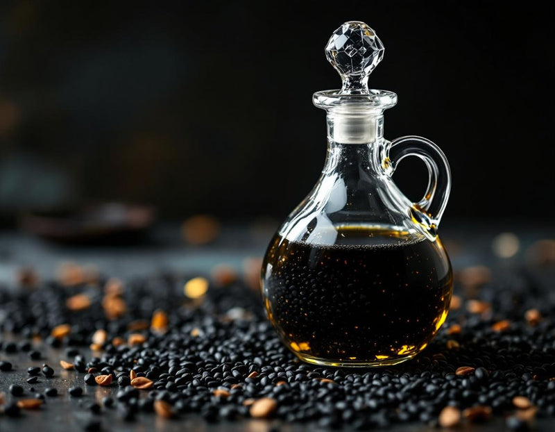 Flacon raffiné d’huile de nigelle bio à boire entouré de graines noires, éclairage doux, ambiance bien-être naturel et élégance orientale.