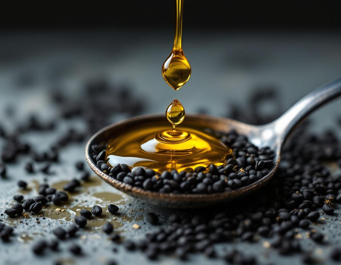 Flacon d’huile de nigelle dorée versé dans une cuillère, entouré de graines noires, illustrant comment consommer huile de nigelle pour un rituel beauté et bien-être naturel.