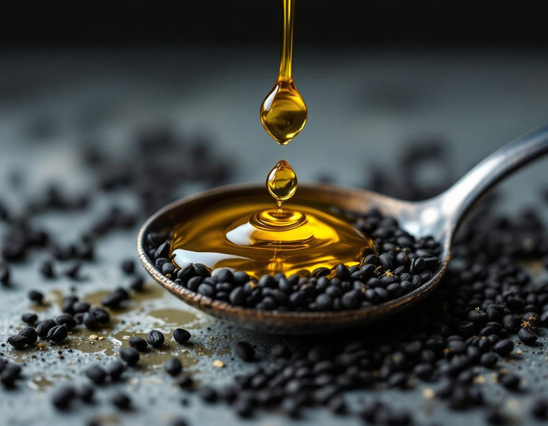 Flacon d’huile de nigelle dorée versé dans une cuillère, entouré de graines noires, illustrant comment consommer huile de nigelle pour un rituel beauté et bien-être naturel.