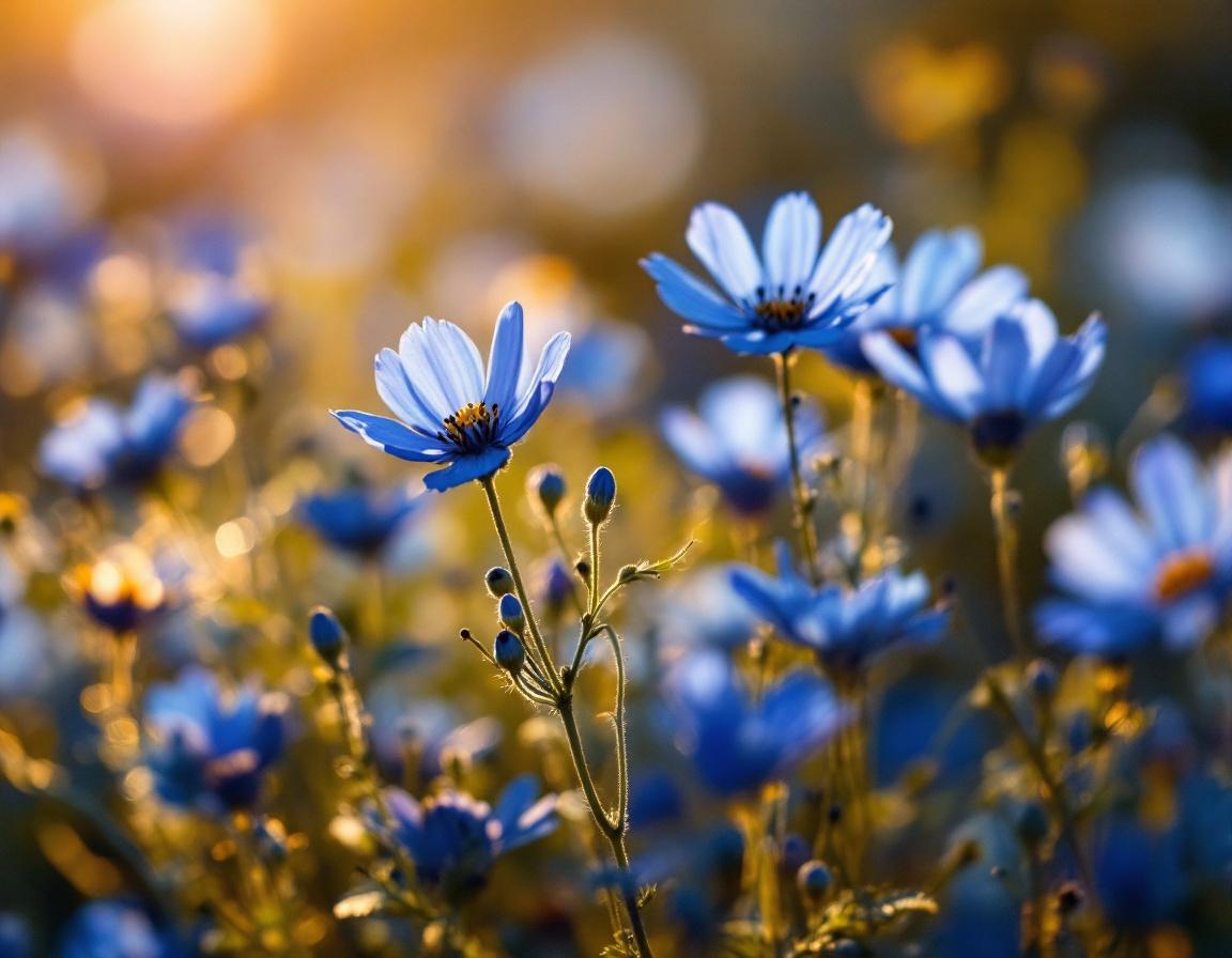 Des fleurs de nigelle bleu profond baignées par la lumière dorée de l’aube éthiopienne, graines noires délicates illustrant comment booster son système immunitaire grâce à la nature bienfaisante. Image