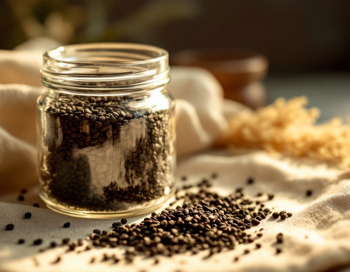 Un pot en verre rempli de graines de nigelle noires posées sur un linge beige, baignées d’une douce lumière dorée, évoquant la pureté et le bien-être naturel de la graine de nigelle. Image