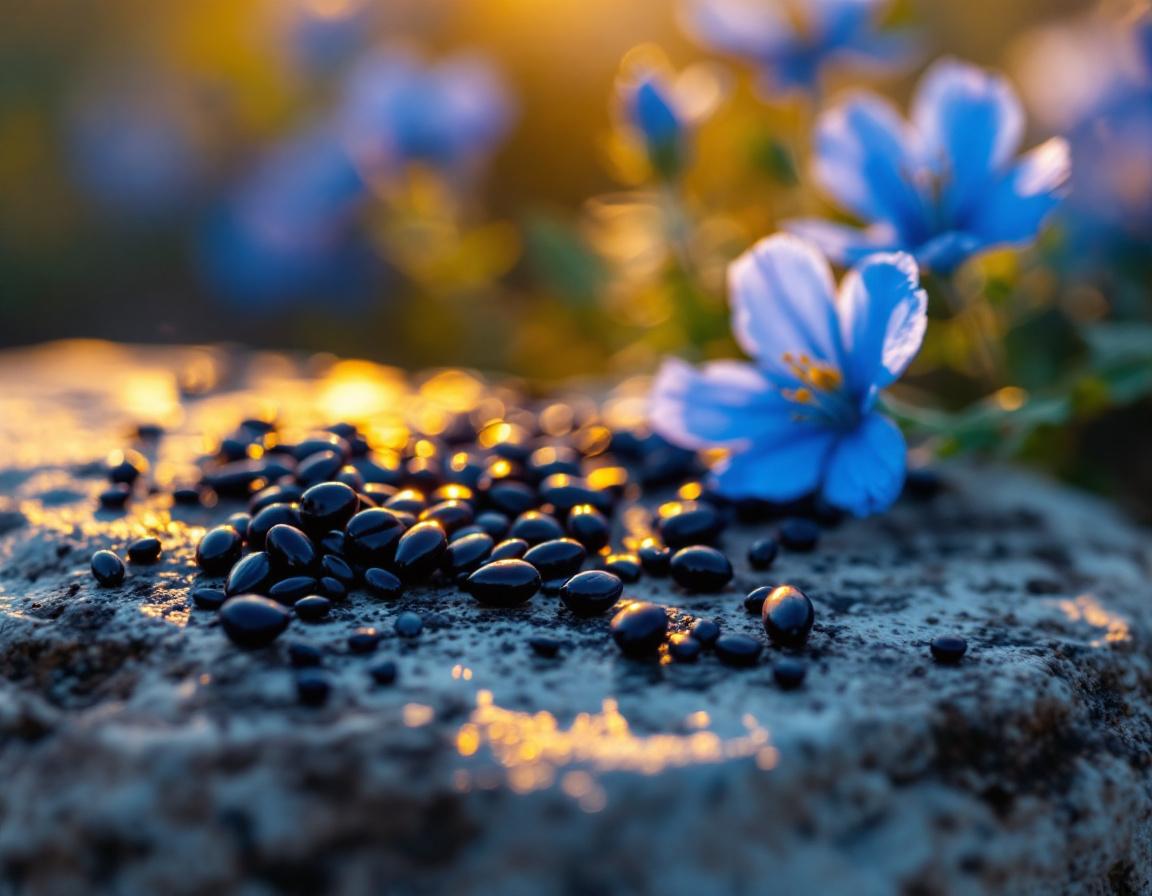 Atmosphère matinale éthiopienne où la lumière dorée révèle des graines de nigelle luisantes près d’une pierre gravée, évoquant l’univers végétal luxuriant et précieux de l’huile de nigelle ethiopie Image