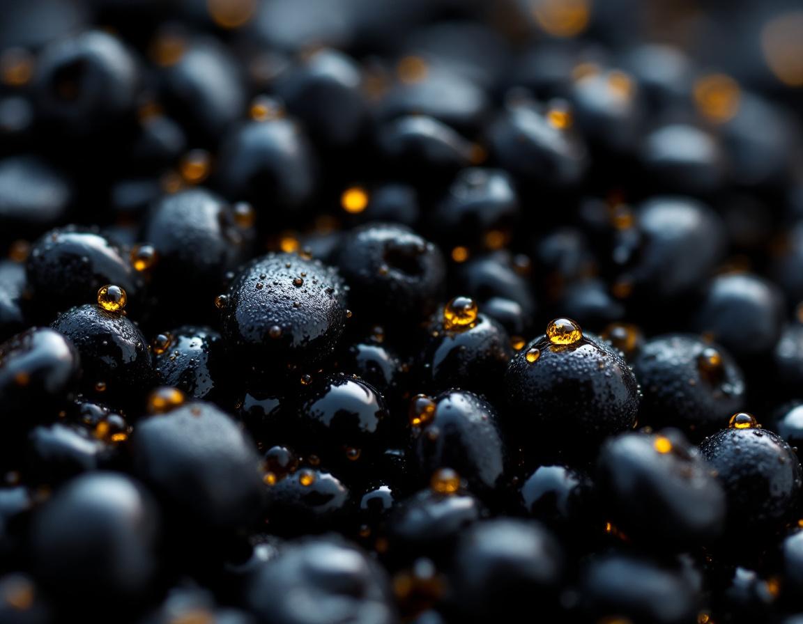 Un gros plan végétal dévoile l'éclat de l'huile de nigelle scintillant sur les pétales bleus de nigelle, graines éparpillées, textures délicates et lumière douce révélant chaque détail. Image