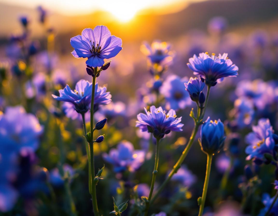 Un tapis de fleurs de nigelle bleues et blanches caresse les plateaux éthiopiens au lever du soleil, capsules dévoilant des graines noires huileuses pour booster système immunitaire. Image