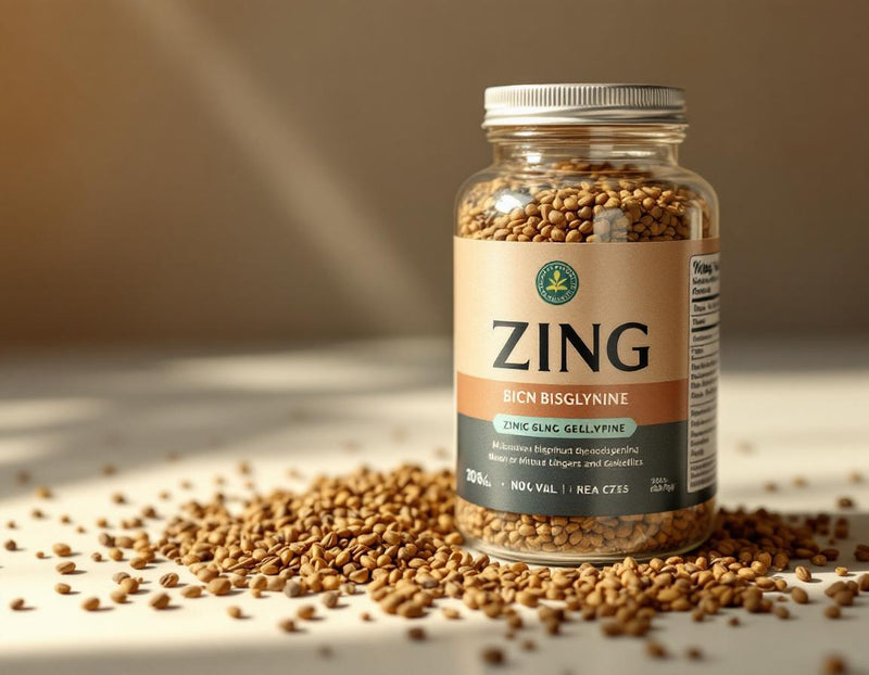 Un pot premium de capsules de zinc bisglycinate posé sur un linge naturel, cerné de graines de nigelle, soulignant les zinc bisglycinate bienfaits pour la beauté et le bien-être.