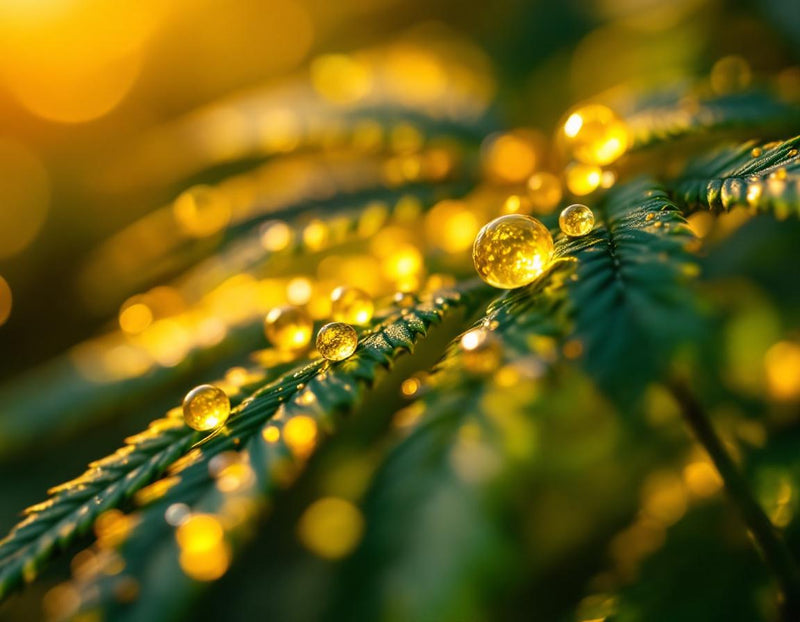 Dépôt de perles d'huile de chanvre sur feuilles de cannabis sativa baignant dans l'or du petit matin éthiopien, macro délicate mettant en valeur la texture brillante et la pureté végétale