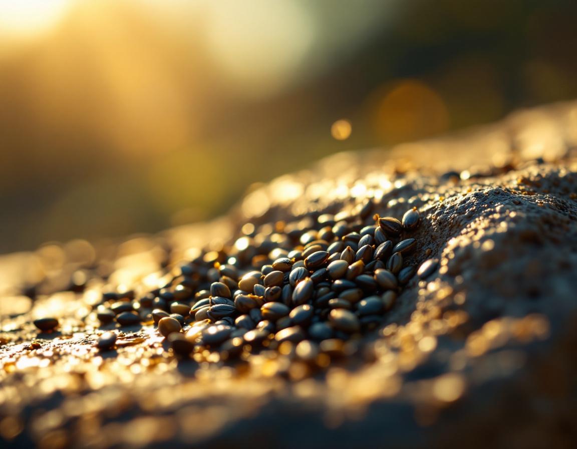 Un gros plan sur des graines de nigelle perlant d’huile, illustrant huile de nigelle comment l’utiliser au cœur d’un paysage végétal éthiopien baigné de lumière douce, ambiance botanique apaisante. Image