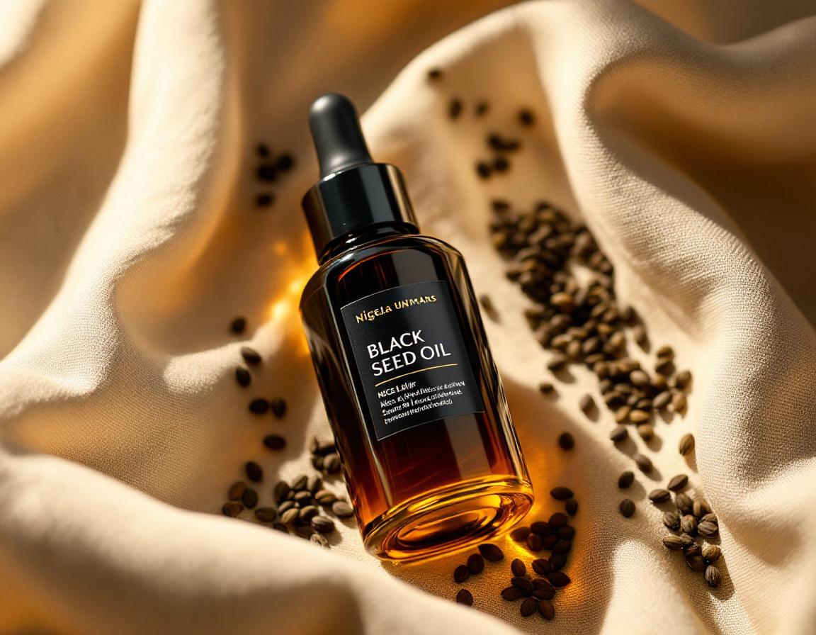 Petit flacon d'huile de nigelle dorée sur un tissu beige, entouré de graines noires, baigné d'une lumière douce, illustrant son application cosmétique naturelle. Image