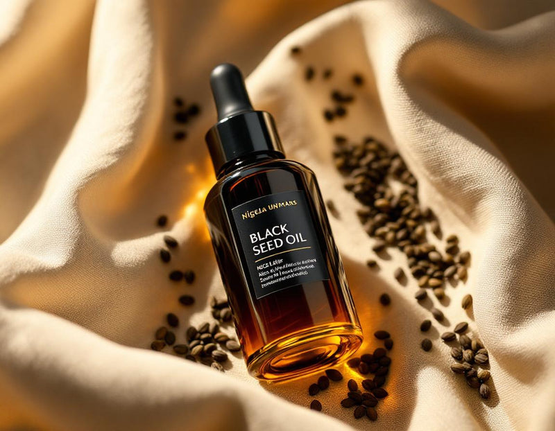 Petit flacon d'huile de nigelle dorée sur un tissu beige, entouré de graines noires, baigné d'une lumière douce, illustrant son application cosmétique naturelle.