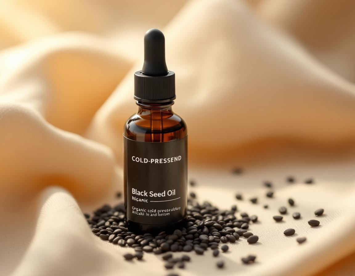 Flacon minimaliste d’huile de nigelle bio posée sur un tissu beige, graines noires éparses, lumière dorée douce évoquant soin cosmétique naturel et bien-être raffiné.