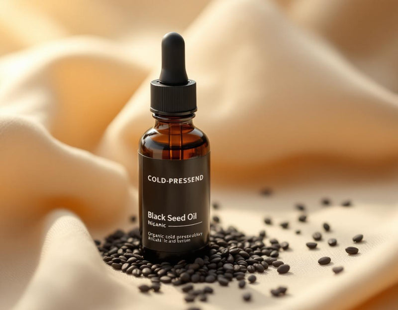 Flacon minimaliste d’huile de nigelle bio posée sur un tissu beige, graines noires éparses, lumière dorée douce évoquant soin cosmétique naturel et bien-être raffiné.