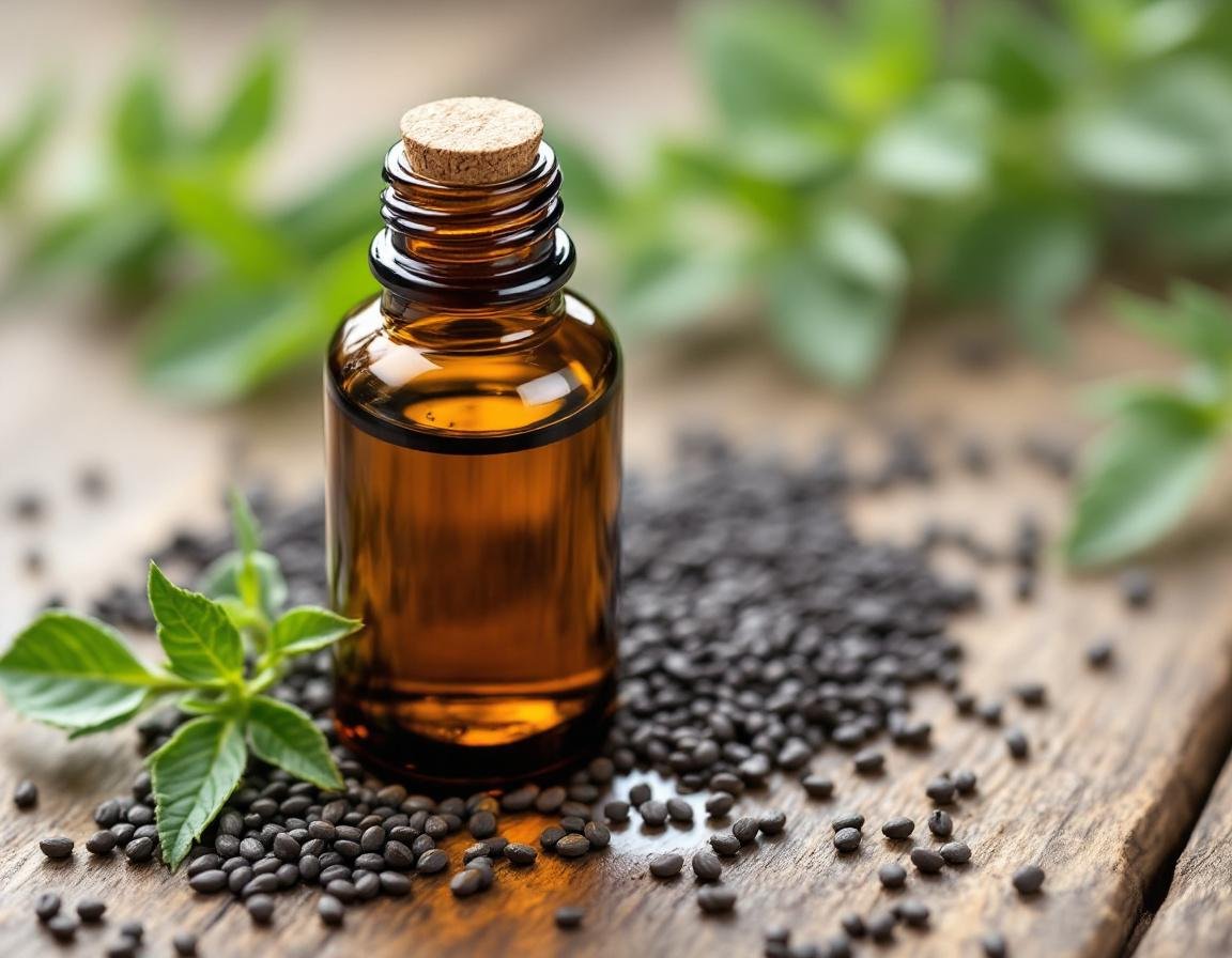 Flacon en verre ambré d’huile de nigelle pour barbe, entouré de graines et feuilles vertes, évoquant ses bienfaits nourrissants, revitalisants et anti-inflammatoires pour une barbe saine et soyeuse. Image