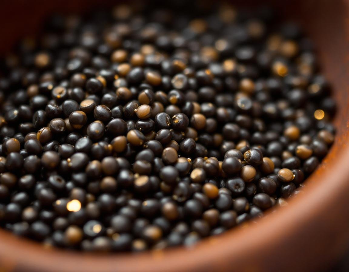 Éclat végétal où la nigelle éthiopienne déploie ses grains noirs gorgés de vitamine c, parée de gouttes d'huile dorée, sur fonds de plateau lumineux, invitation organique et poétique. Image