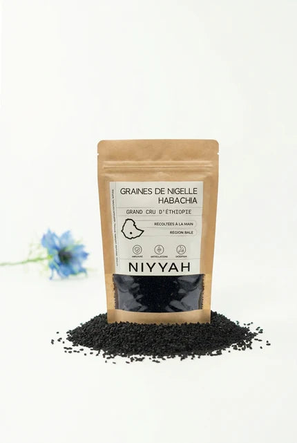 Graines de nigelle Habachia NIYYAH sur fond blanc avec fleur bleu - NIYYAH