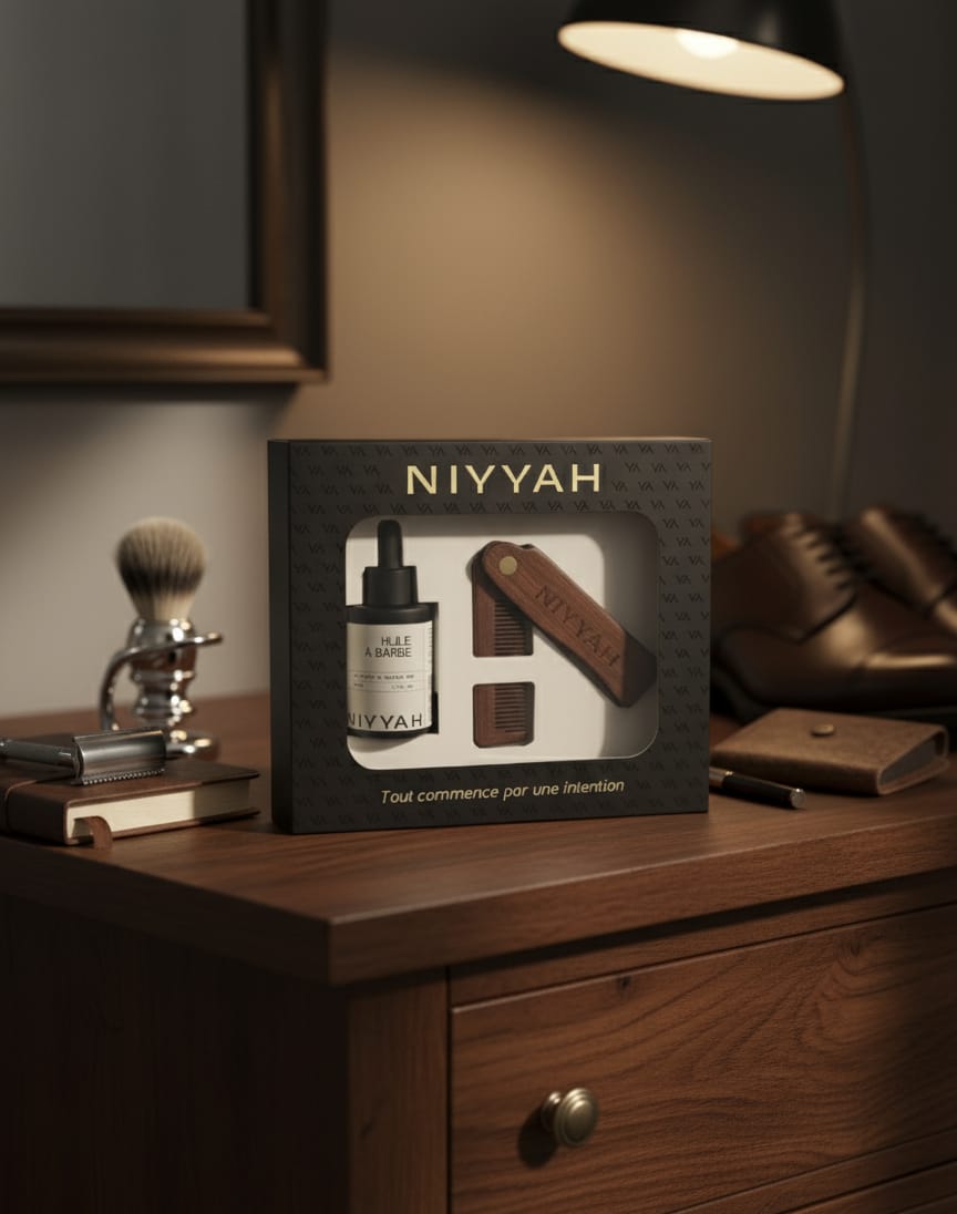 Coffret barbe Niyyah dans intérieur masculin - Cadeau soin barbe homme