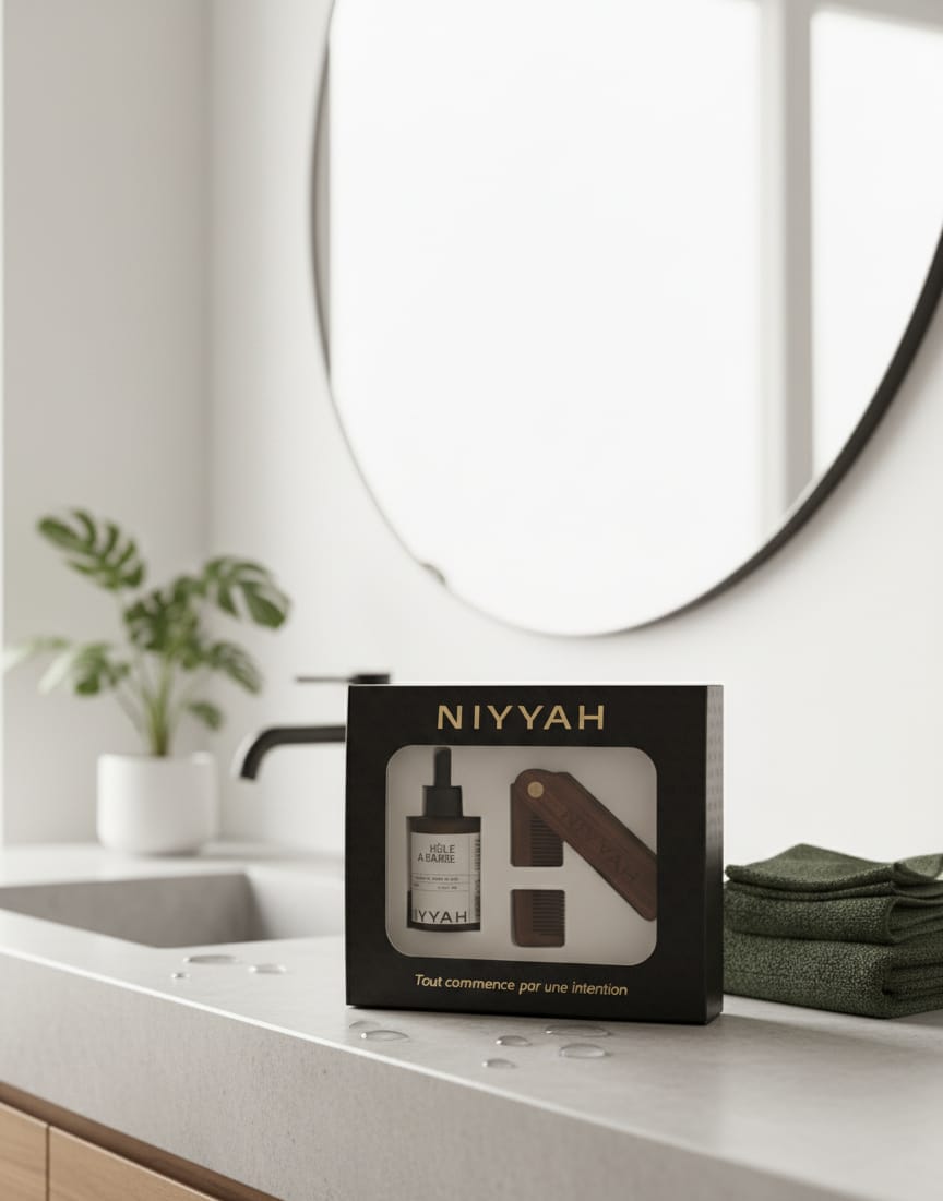 Coffret Niyyah posé dans salle de bain moderne - Kit entretien barbe naturel