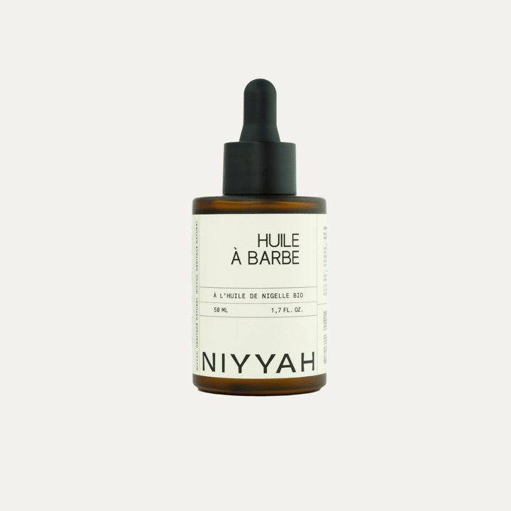 Huile à barbe aux 5 huiles BIO – flacon compte-gouttes 50 ml verre ambré - NIYYAH